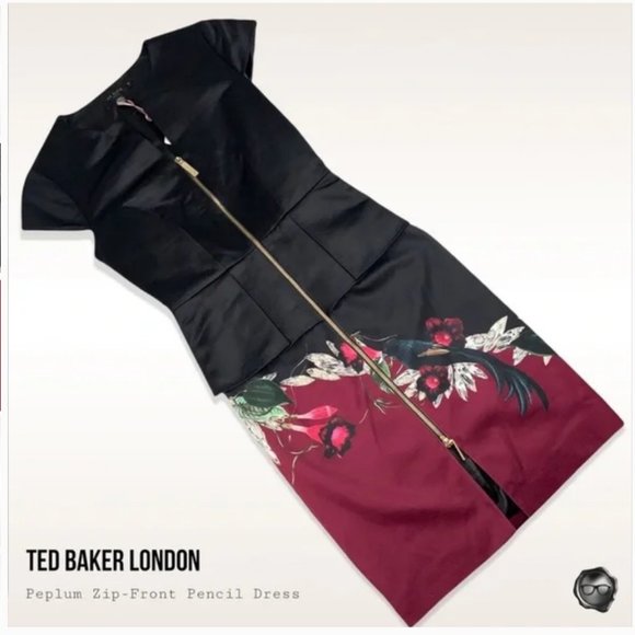 Ted Baker Black Red Jaunel Satin Bejewelled Shadow Peplum Dress size 1 nwot - Picture 8 of 9